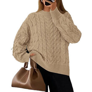Womens Beige Cropped Chunky Cable Knit Oversized Cozy Fall Crew Neck Sweater LRG